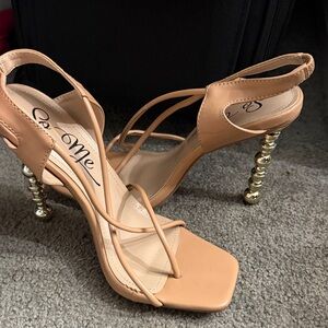 So Me Nude Strappy Heels with Gold Accents